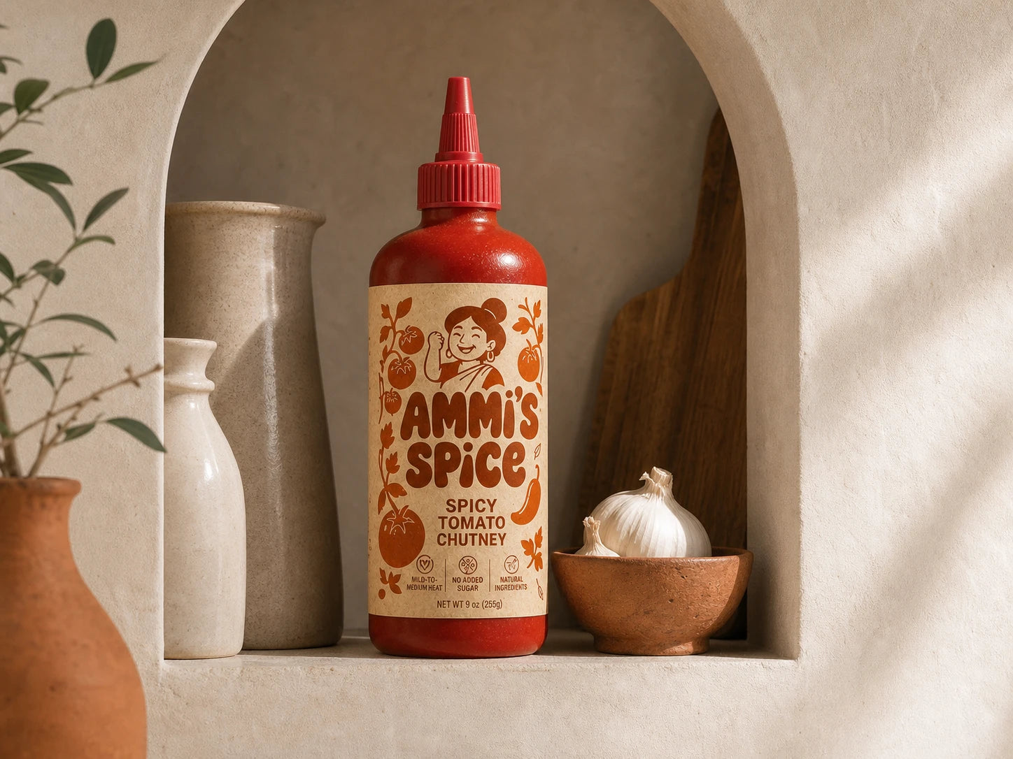 AMMI'S SPICE tomato chutney bottle with readable label in a kitchen niche